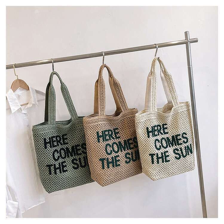 Letter Embroidery New Style Machine Woven Straw Large Capacity Shoulder Beach Tote Bag