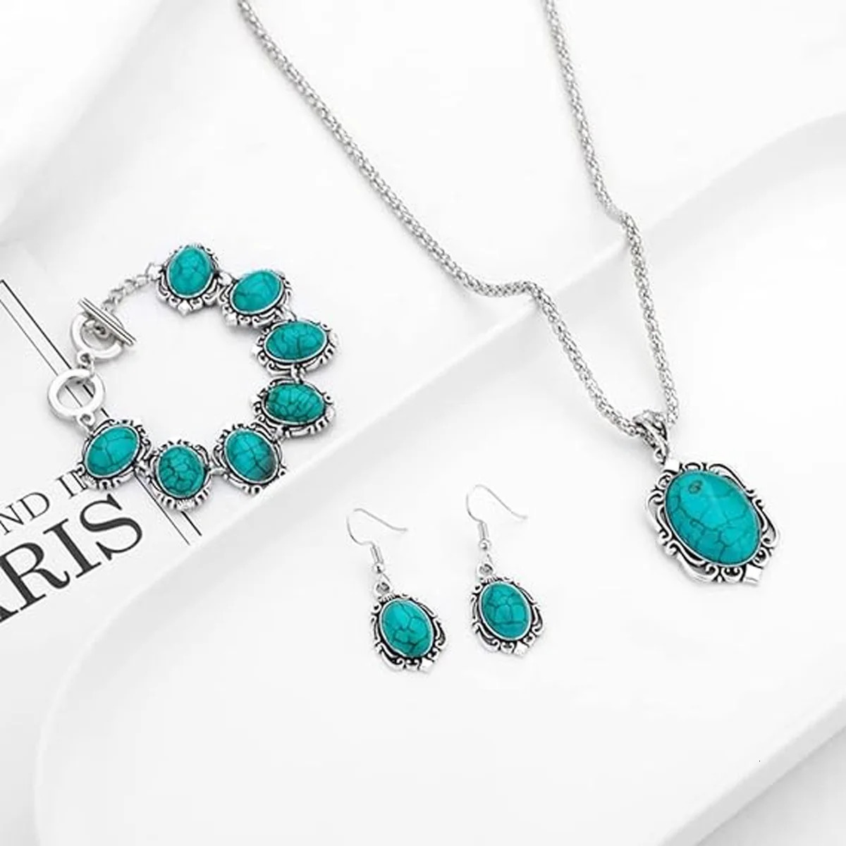 3pcs Vintage Turquoise Bracelet Necklace Earrings Set Healing Stone Decoration GiftWithout Box 250609