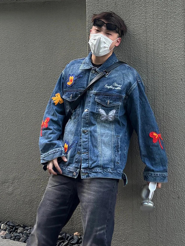 REDDACHIC Butterfly Patches Men Denim Jacket Wash Distressed Flap Pockets Long Sleeves Singlebreasted Coat Y2k Retro Outerwear 250614