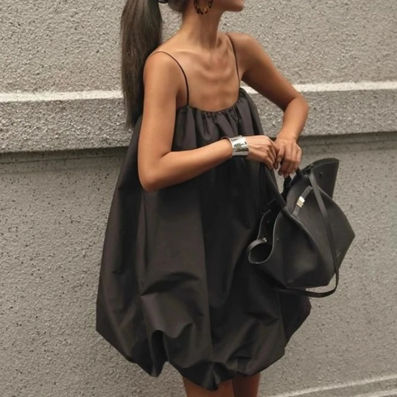 Summer French Elegant Black Loose Sling Womens Dress 250613