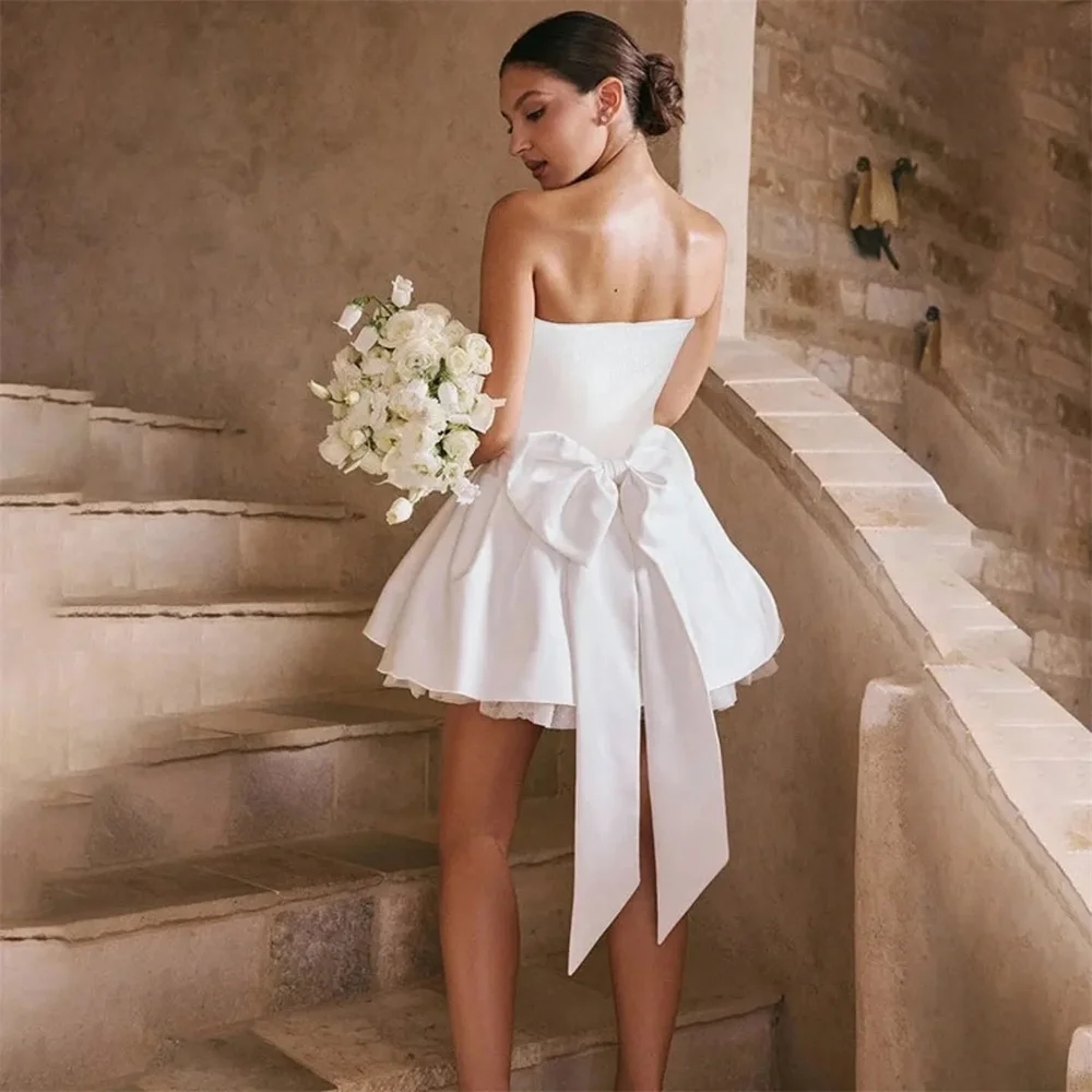 2025 New Short Wedding Dress Strapless Lace Appliques Gloves Sleveeless Bow A-Line Bride Bridal Party Gowns Vestidos De Novia