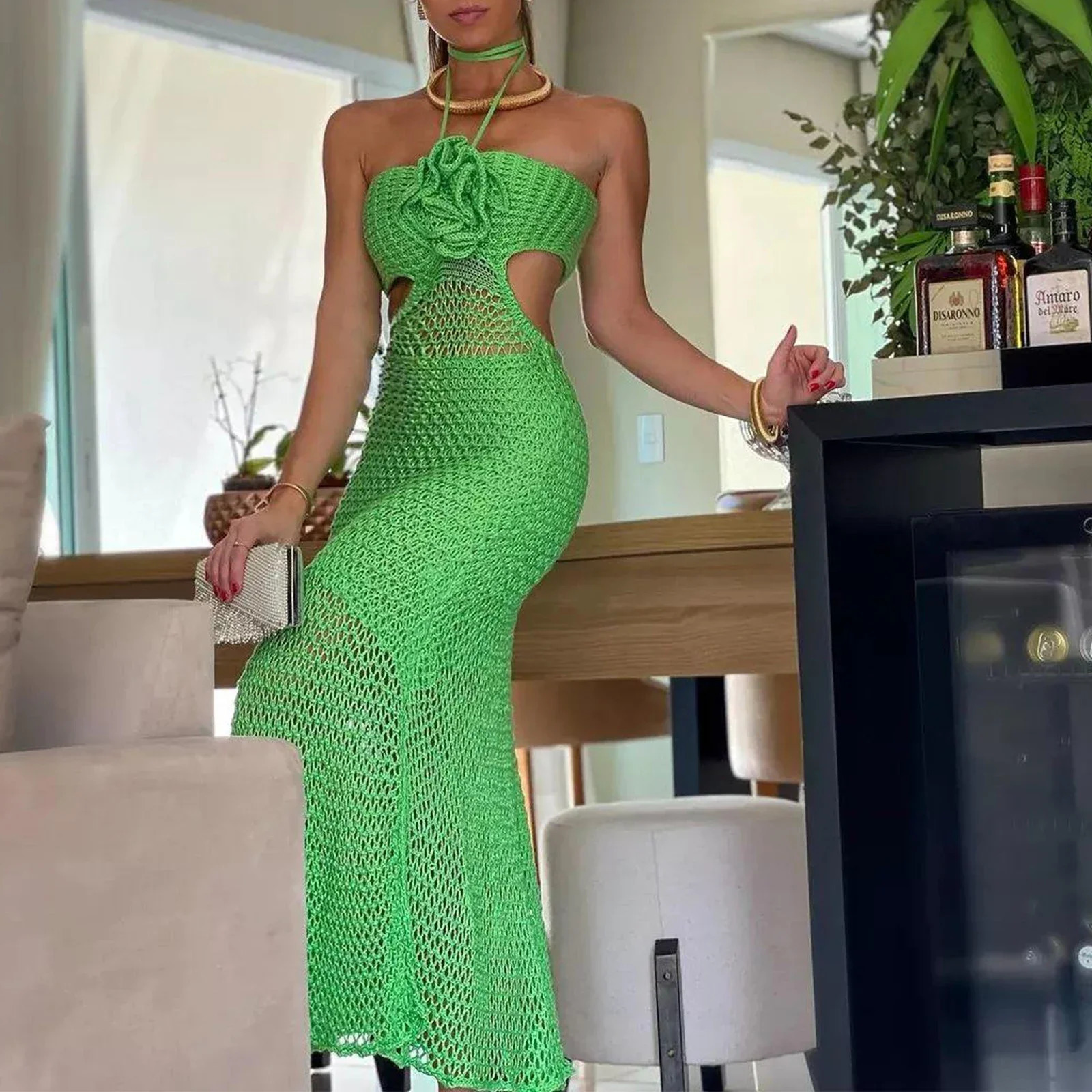 Imcute Womens Knitted Halter Dress Slim Fit Hollowed Cutout Sleeveless See Through 3D Flower Solid Long Dress for Party Club 250612