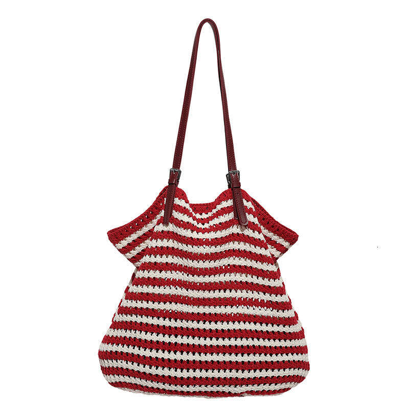Versatile Color-Block Striped Woven Personality Fashion Shopping Beach Crochet Single Shoulder Handbag Straw Bag