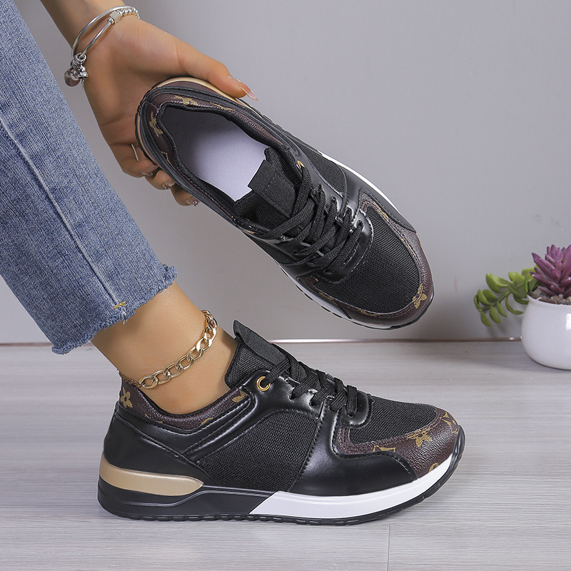 Fashion Plus Size 36-43 Print Unisex Sneakers 2025 New Design Round Toe Leather Upper Non Slip Lace Up Running Shoes Men Women White Black