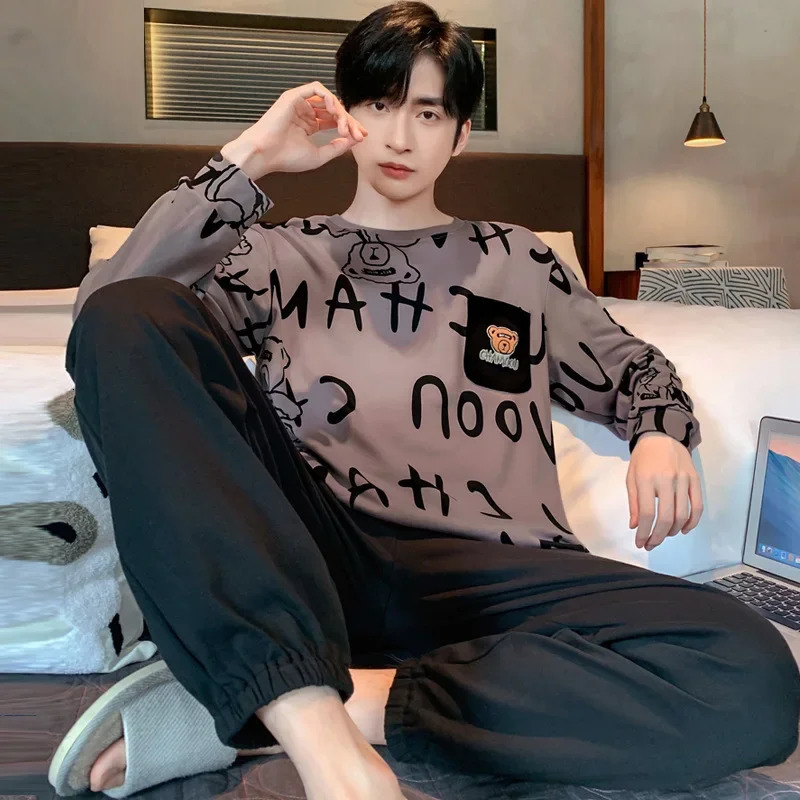 Two Piece Plus Size Men Pajamas Long Sleeve Loose Breathable Cartoon Bear Striped Letters Black Crew Neck Loungewear Set 250611