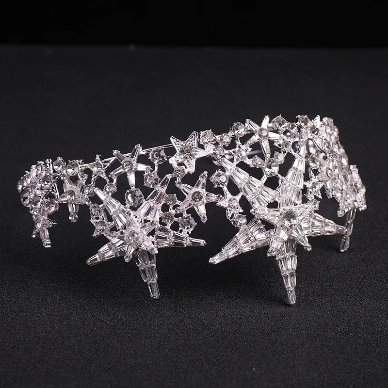 Baroque Sparkling Crystal Star Bridal Tiaras Crown Big Rhinestone Pageant Diadema Bride Headband Wedding Hair Accessories 250610