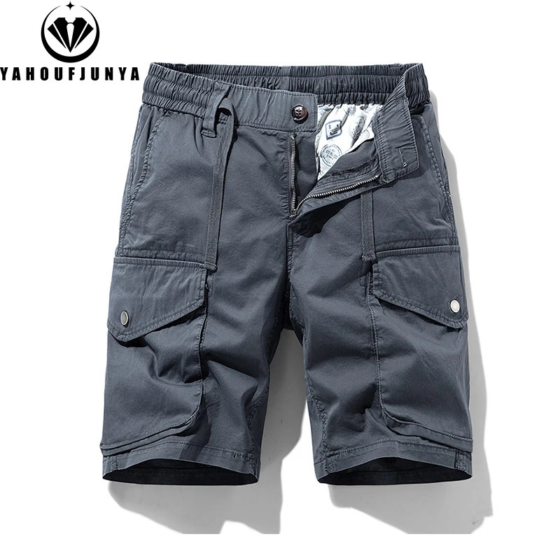 Men Summer Solid Cotton Outdoor Cargo Leisure Shorts Drawstring Buttons Straight Loose Fashion Short Male Pants 250614