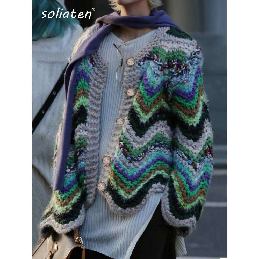 Handmade Autumn Winter Women's Rainbow Colored Sweater Cardigan Round Neck Knitted Coat C-200