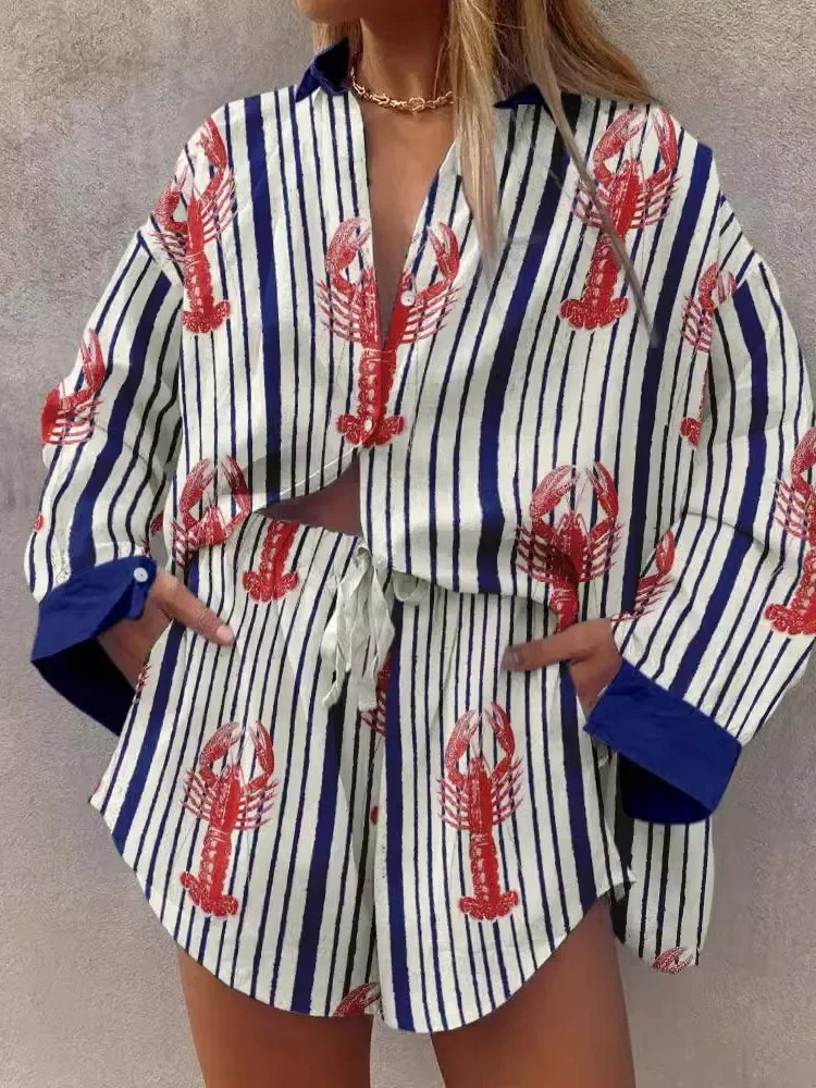 2025 Summer Vacation Style Pattern Print 2Piece Set Lapel ShirtLaceup Short Pants Sets For Womens Outfit Beach Holiday 250612