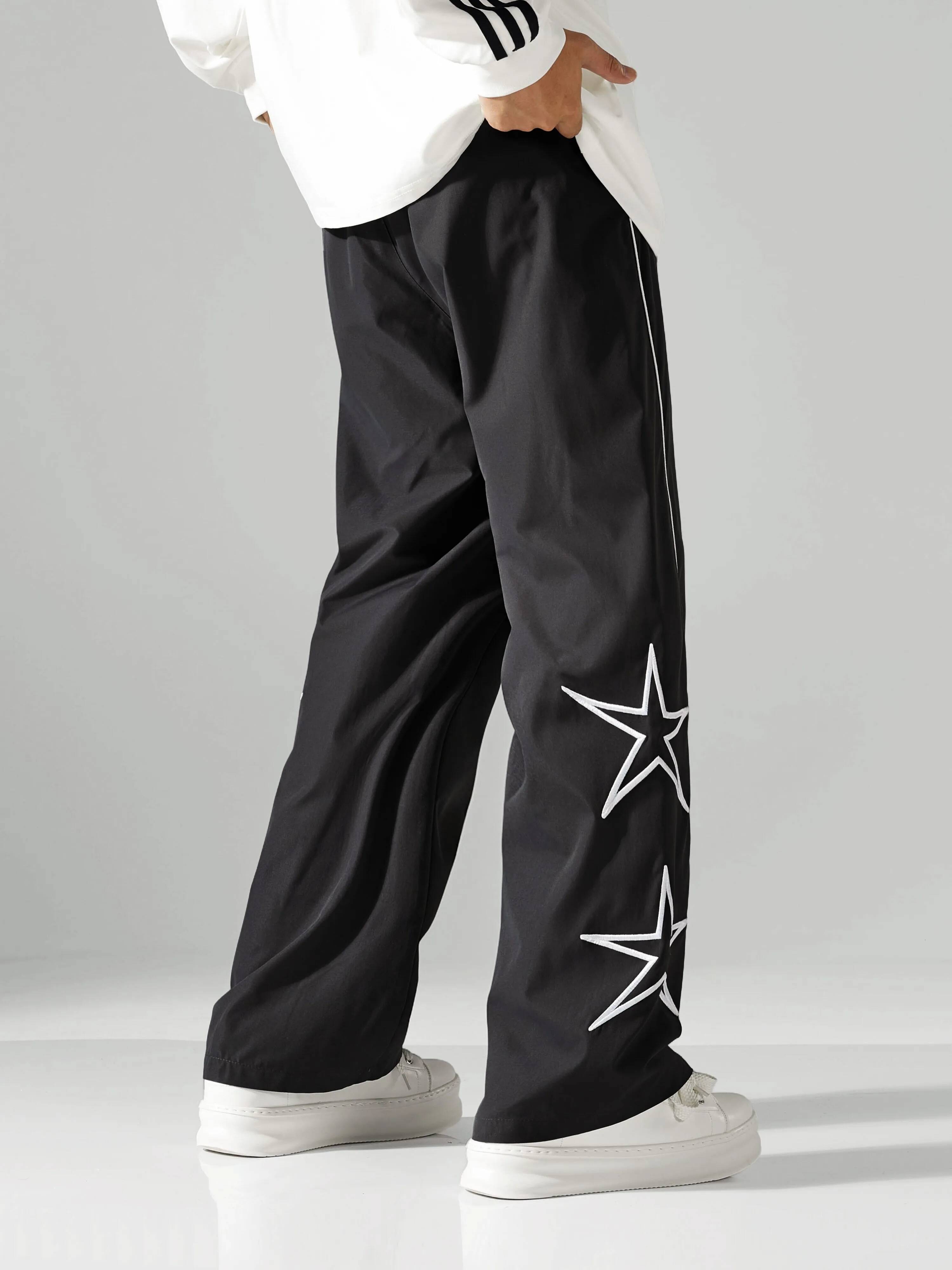 Larbulse Men Contrast Trim Star Trouser Fashion Casual Solid Color Breathable Loose Straight Drawstring Pants Streetwear