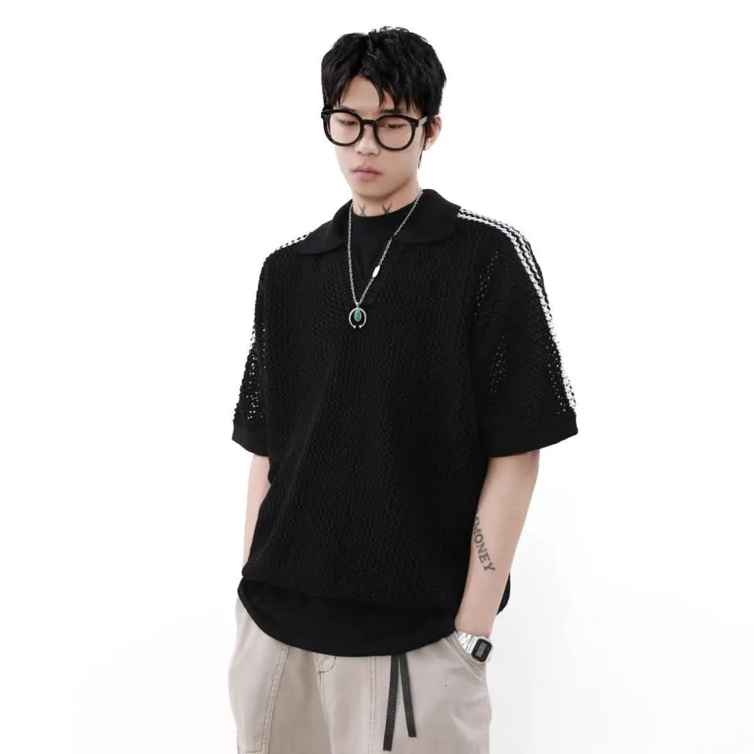 American Retro Hollow Mesh Short-sleeved Knitted POLO Shirt Mens Summer Breathable Sports and Casual Lapel Loose Top 250614