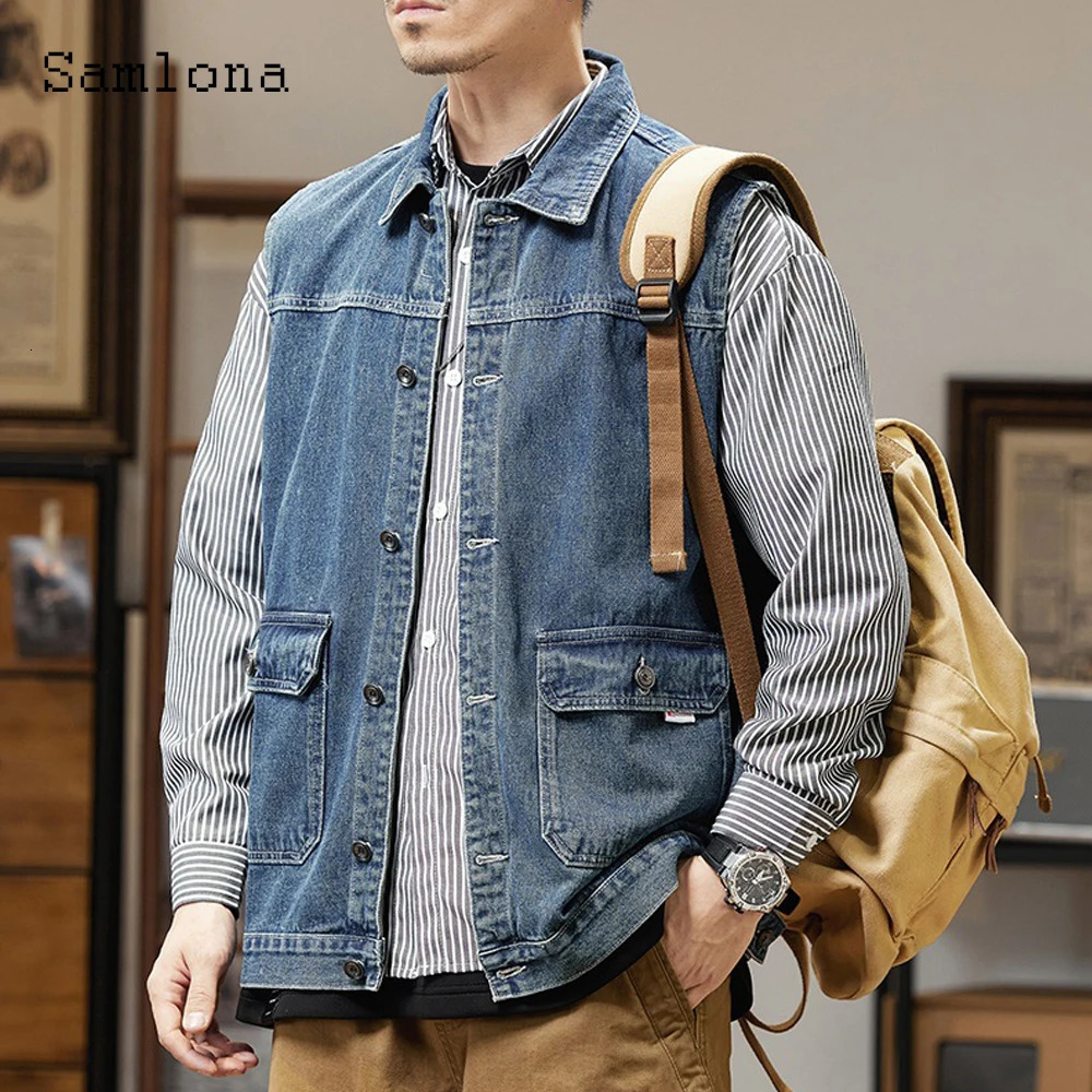 European Style Fashion Sleeveless Denim Vest Jackets Plus Size Mens Basic Top Vintage Stand Pocket Jean Outerwear 250614