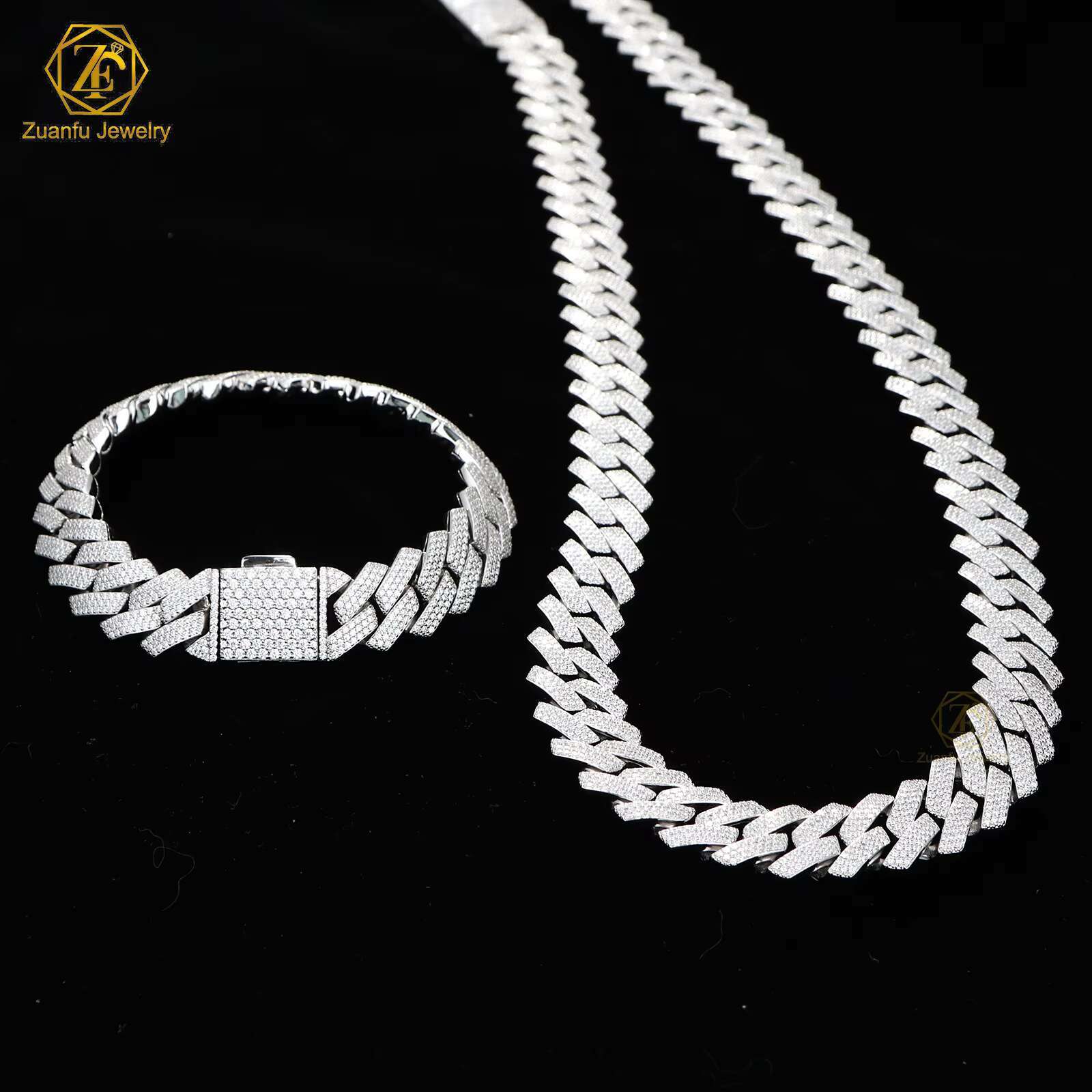 High Quality Moissanite Cuban Chain 15mm 3 Rows Pass Diamond Tester Ice Out Cuban Bracelet 925 Silver Moissanite Cuban Necklace