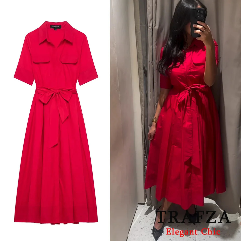 TRAFZA Women Romantic Red Belted Dress Lapel Pocket Long Spring Summer High Street Elegant Casual Holidays Dress 250611