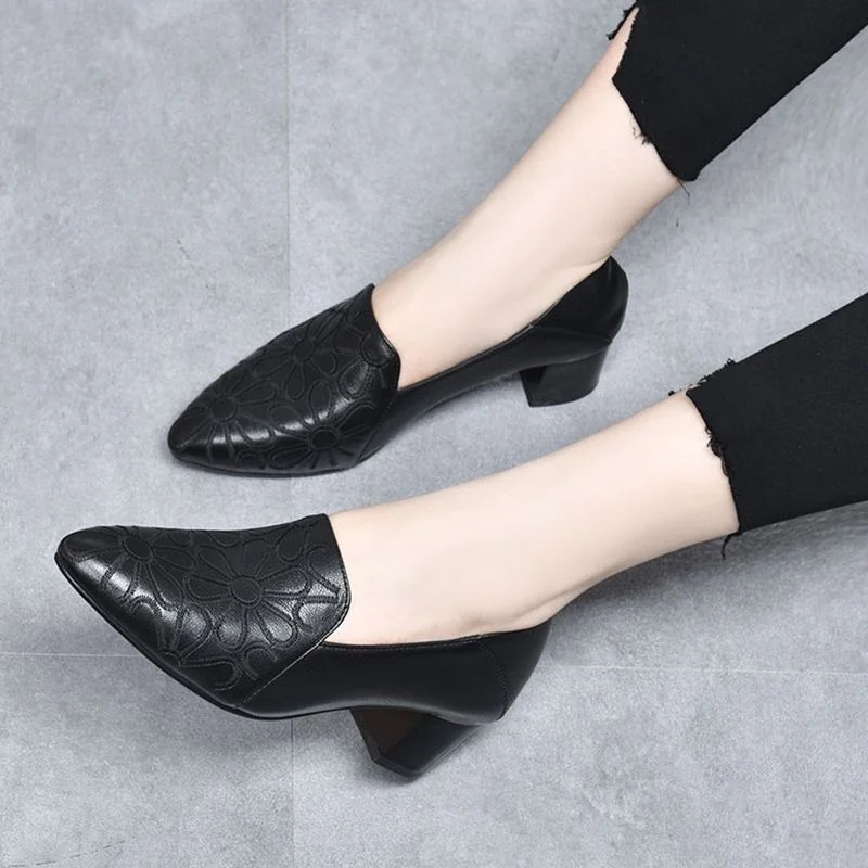 women cute black pointed toe patent leather floral slip on square heel shoes for office lady casual brown sexy party pumps a425 250614