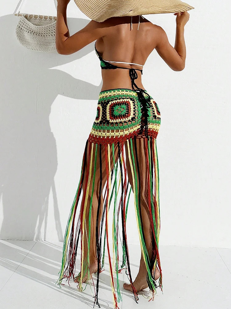 Women Summer Crochet Halter Deep V Neck Cover Ups Multicolor Swimsuit Long Tassel Bikini Knit Dress CoverUps Backless Beachwear 250611