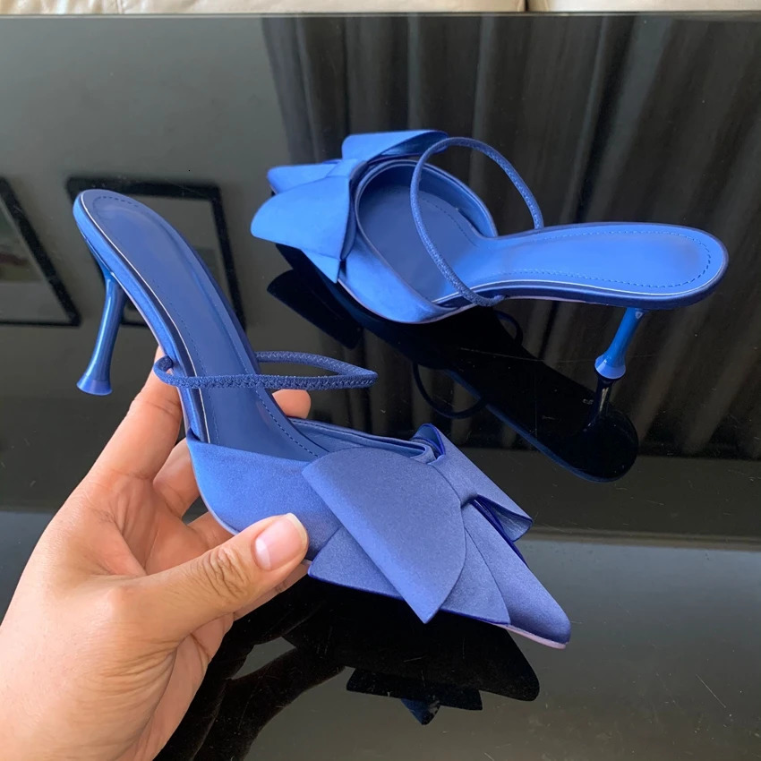 Fashion Bow knot High Heels Sandals Women 2024 Summer Slingback Pumps Vintage Satin Pointed Toe Heeled Elegant Party Lady Shoes 250613