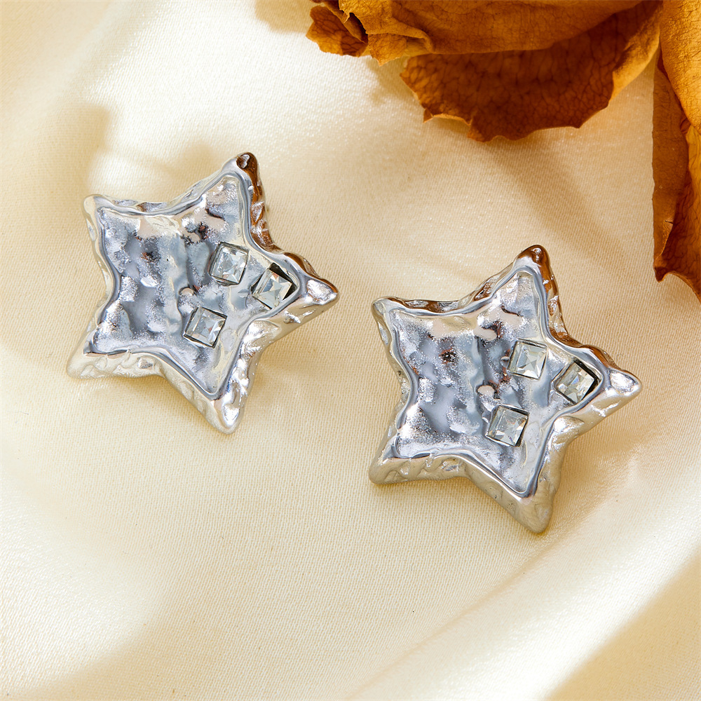 Fashion Light Style Personality Exaggerated Dia-Studded Pentagram Star Earrings for Women Titanium Steel Non-Fading Ear Jewelry