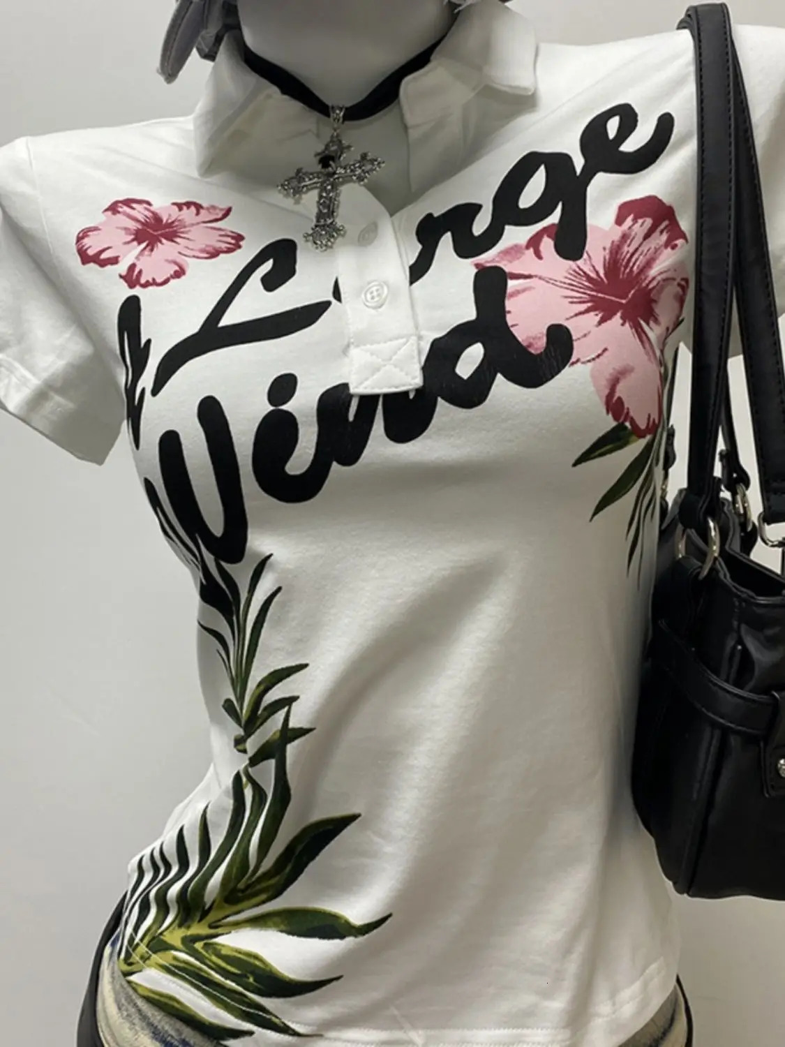 American Sweetwear Vintage Petal Printed Polo Shirts Short sleeved T-shirt for Womens 2025 Summer Harajuku Ladies Y2k Tops 250609