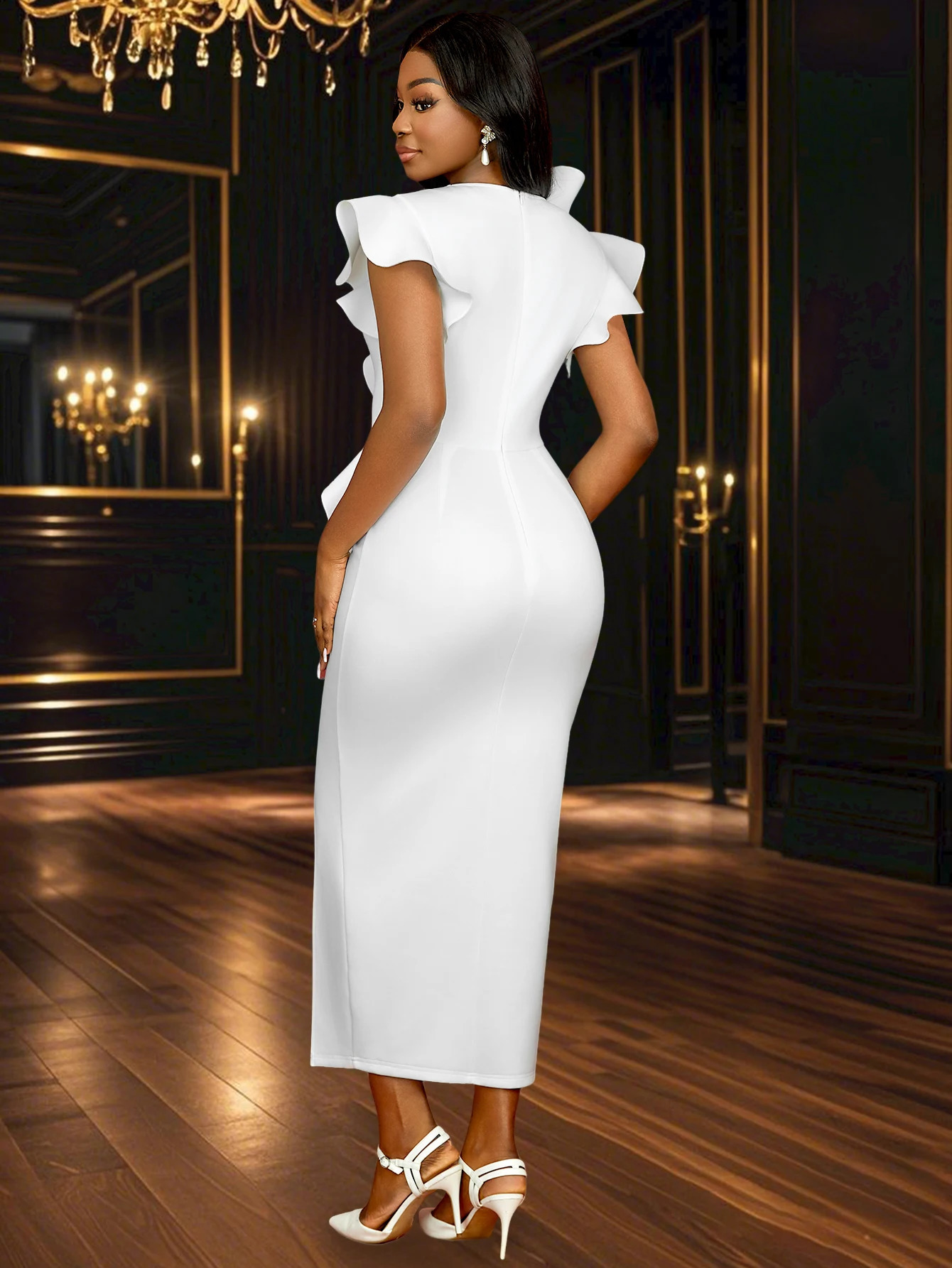 Elegant White Dress Women, Ruffle V-Neck Bodycon Style, Perfect for Parties & Wedding Guests C260312
