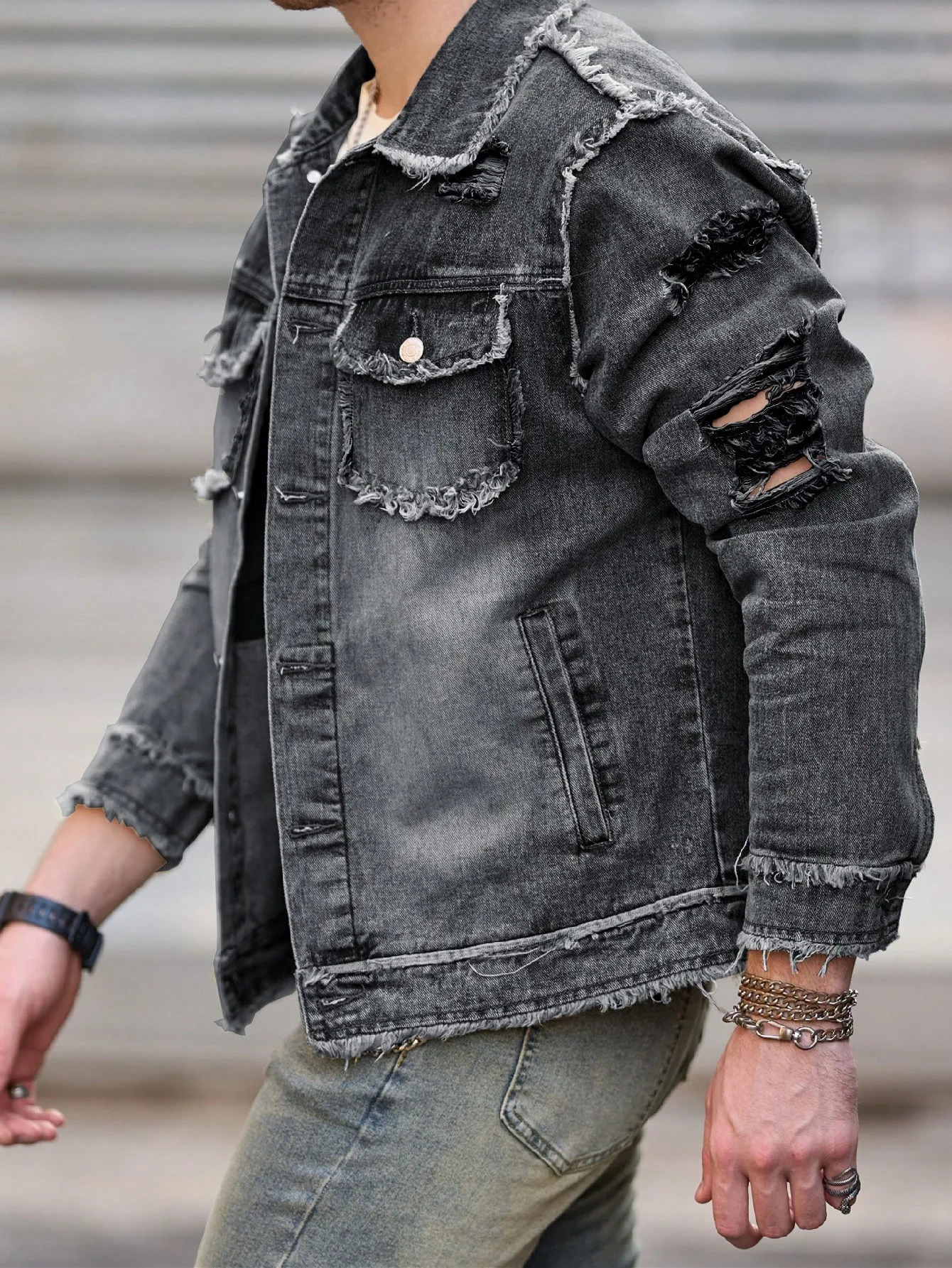 1pc Mens U2K Minimalist Style Ripped Raw Edge Casual Denim Jacket Stylish n for Everyday Wear Flight Denim 250614