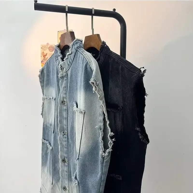 Vintage Mens Denim Jacket Sleeveless Vest Shawl Collar Jean Outerwear Loose Fit Punk Style Top Summer Arrivals 250614