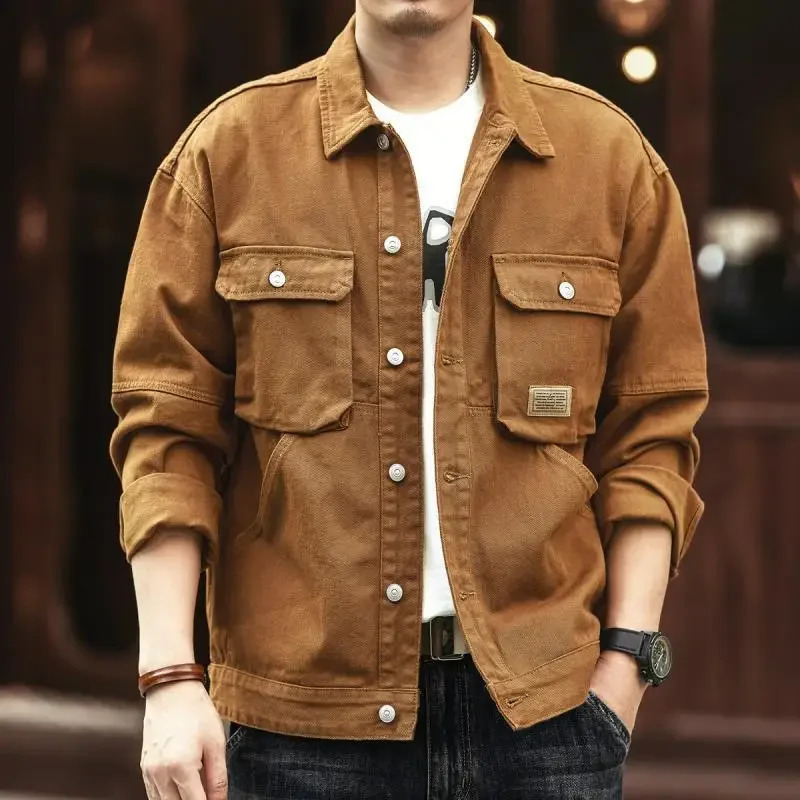Cargo Oversize Cowboy Coat for Men Brown Cotton Denim Jackets Man Joker of Fabric Korea Japanese Retro Outerwear Size L y Worn 250614