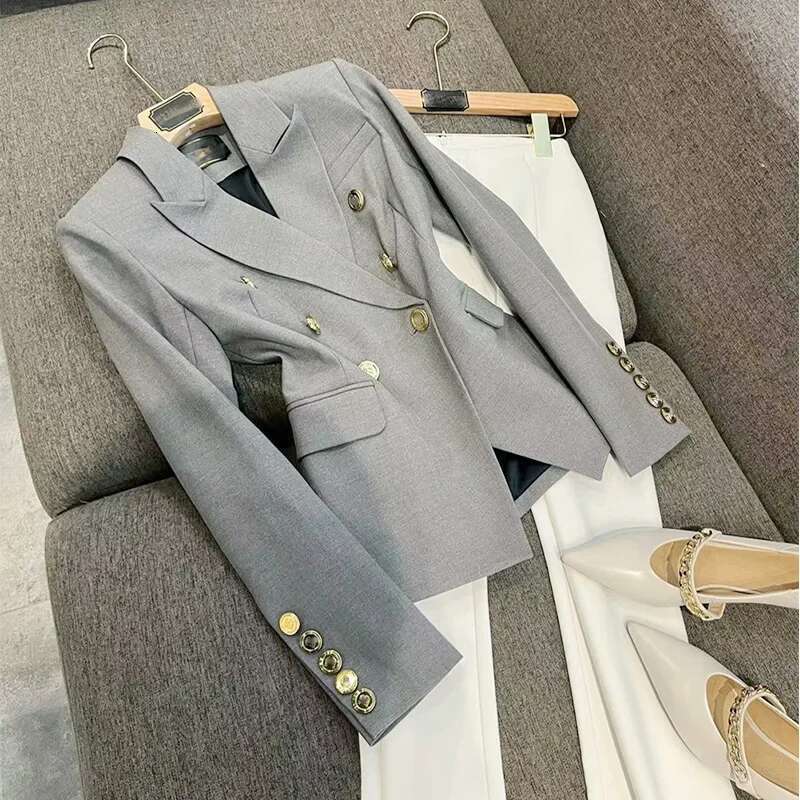 Gray Slim Fit Long Sleeve Commute Suit Jacket Double Row Metal Buckle Fashionable Women's Polyester Fiber No Collar Coat