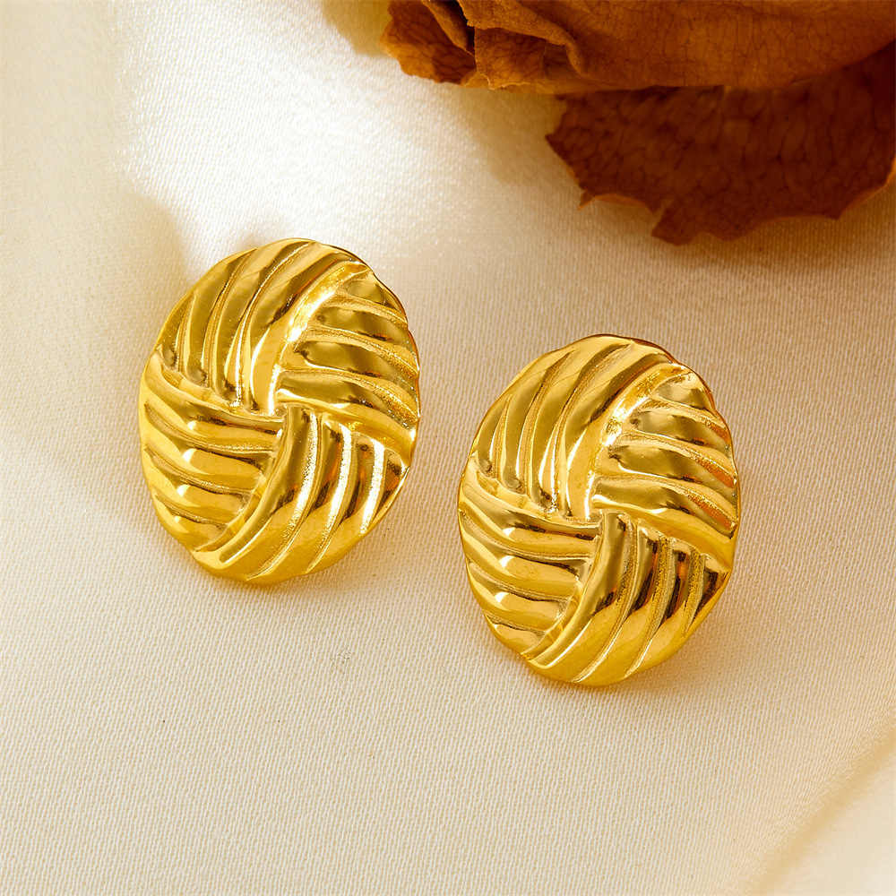 Minimalist Fashion Personality Woven Texture Round Geometric Gold-Plated Stainless Steel Elegant Women's Stud Earrings
