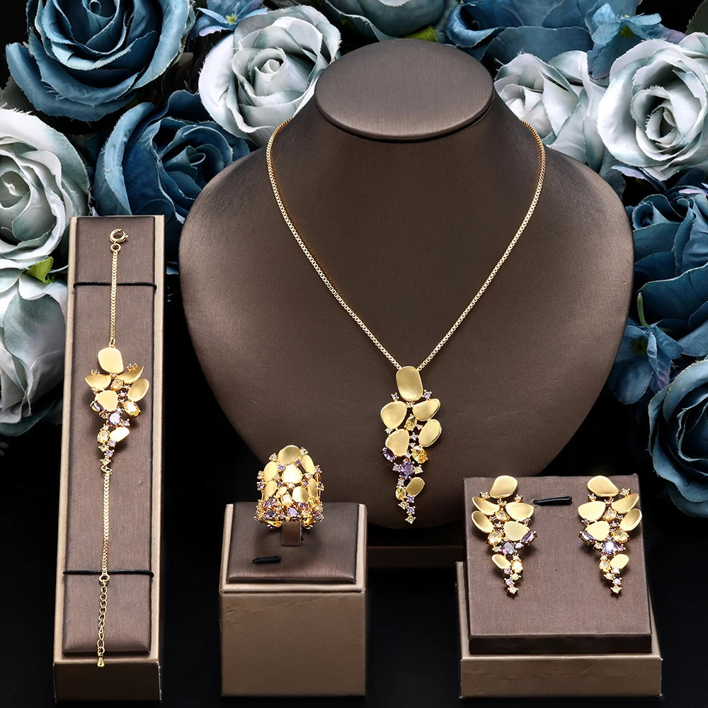 Dubai Saudi Arabia Trendy Gold Plated Pendant 4pcs Necklace Set Fashion Women Cubic Zirconia Jewelry Sets Bridal Accessories 250609