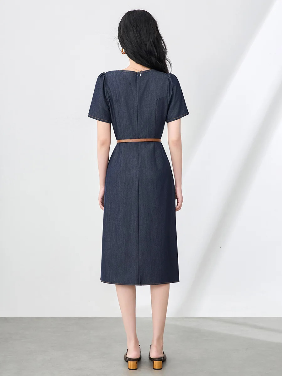 ZJYT Summer Elegant Vintage Midi Denim Dress Women Square Collar Short Sleeve Casual Dresses Female 2025 Blue Vestidos 250609