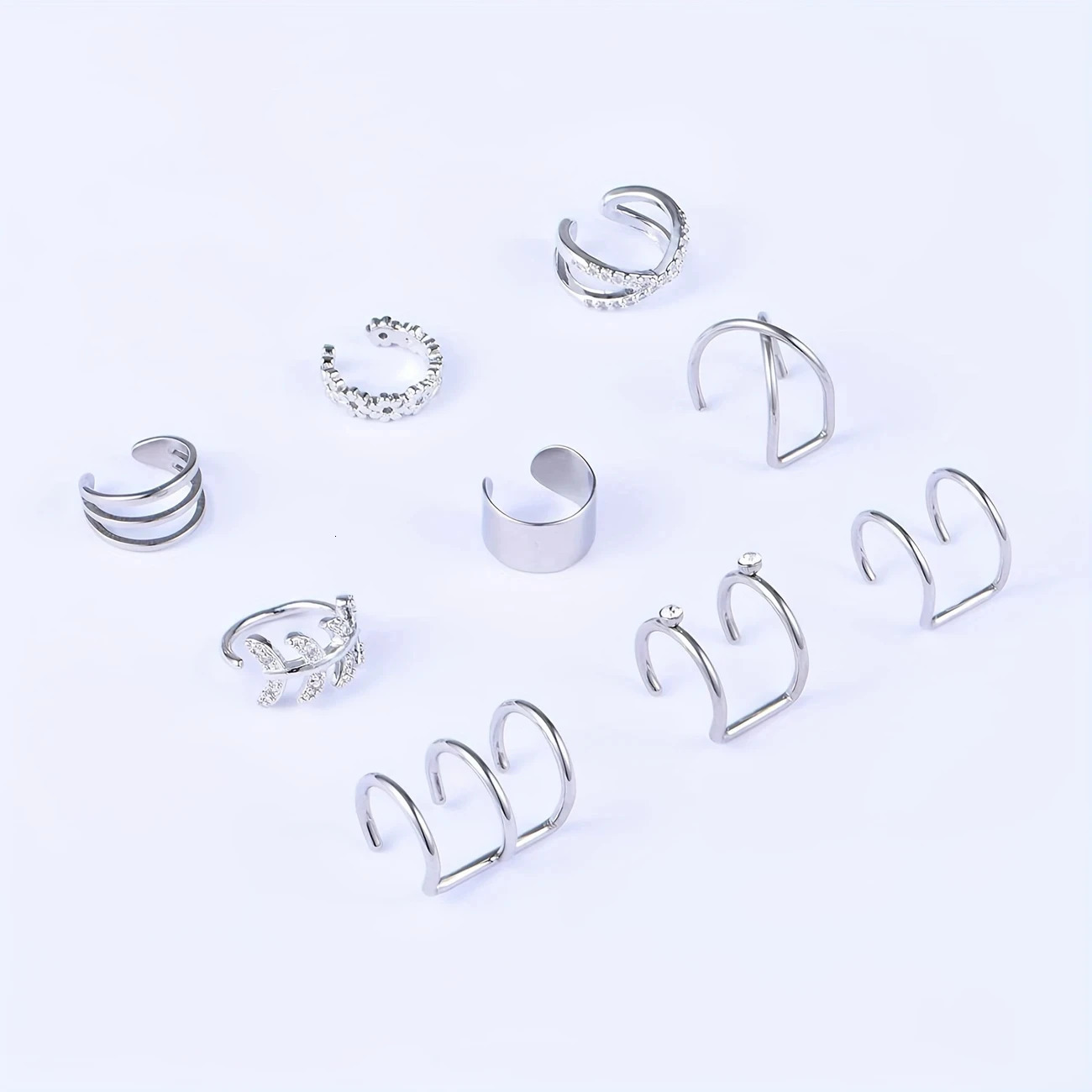 9pcs Stainless Steel Ear Cuff Set Rhinestone Non-Pierced Helix Earrings Simple Style Ear Clips for Men Women Daily Holiday Wear 250610