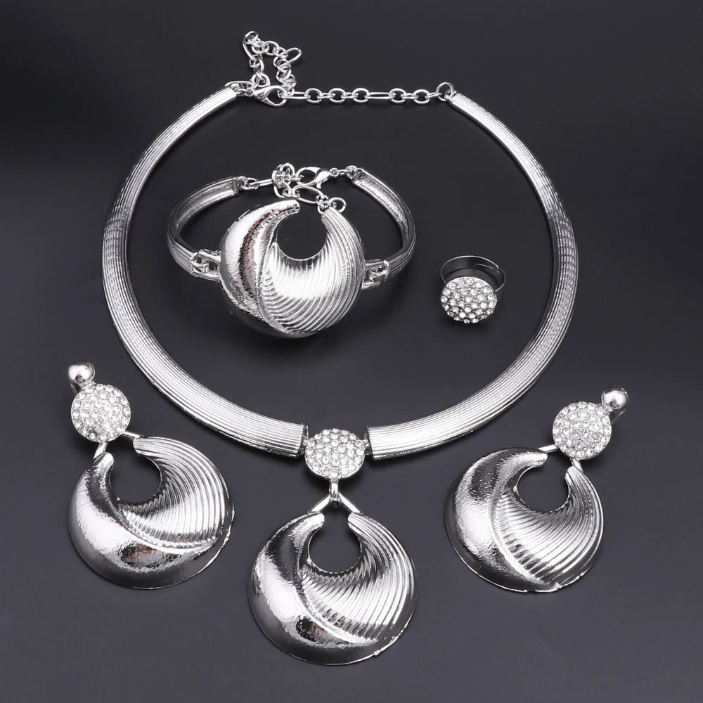 Dubai Jewelry Set For Women Silver Plated Necklace Earrings Bracelet And Ring Set Jewelry For Wedding Party Trending 250609