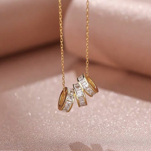 New Titanium Steel Korean Style Simple Three-Ring Full Dia Small Waist Necklace for Women Non-Fading Collarbone Chain