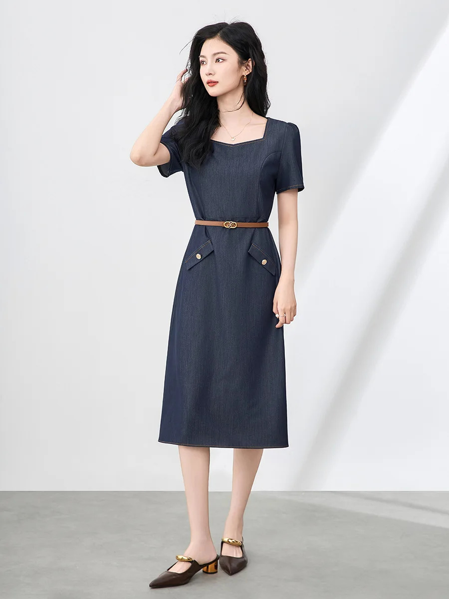 ZJYT Summer Elegant Vintage Midi Denim Dress Women Square Collar Short Sleeve Casual Dresses Female 2025 Blue Vestidos 250609