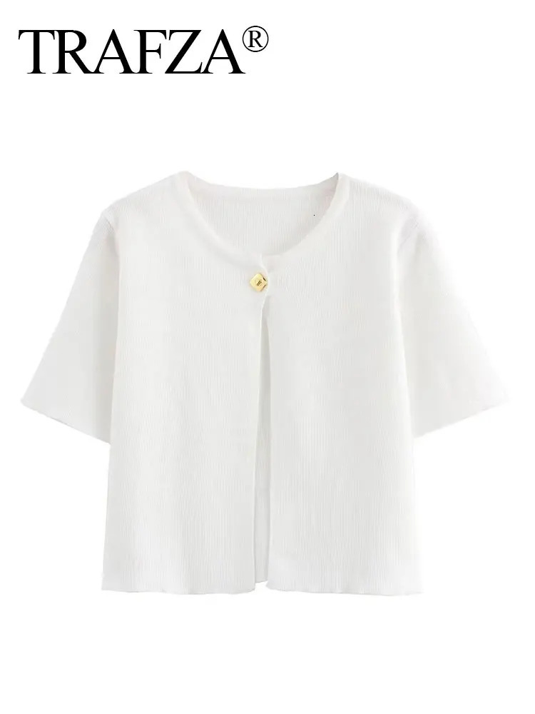 TRAFZA Women Elegant Solid Cardigan Coat Jackets Short Sleeve Metal Button Thin Knitted Shirt Female Y2K Cropped Top Outerwear 250612
