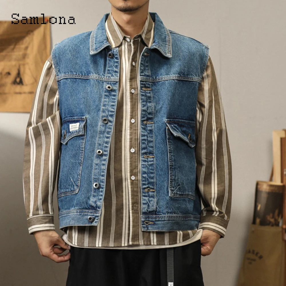 European Style Fashion Sleeveless Denim Vest Jackets Plus Size Mens Basic Top Vintage Stand Pocket Jean Outerwear 250614