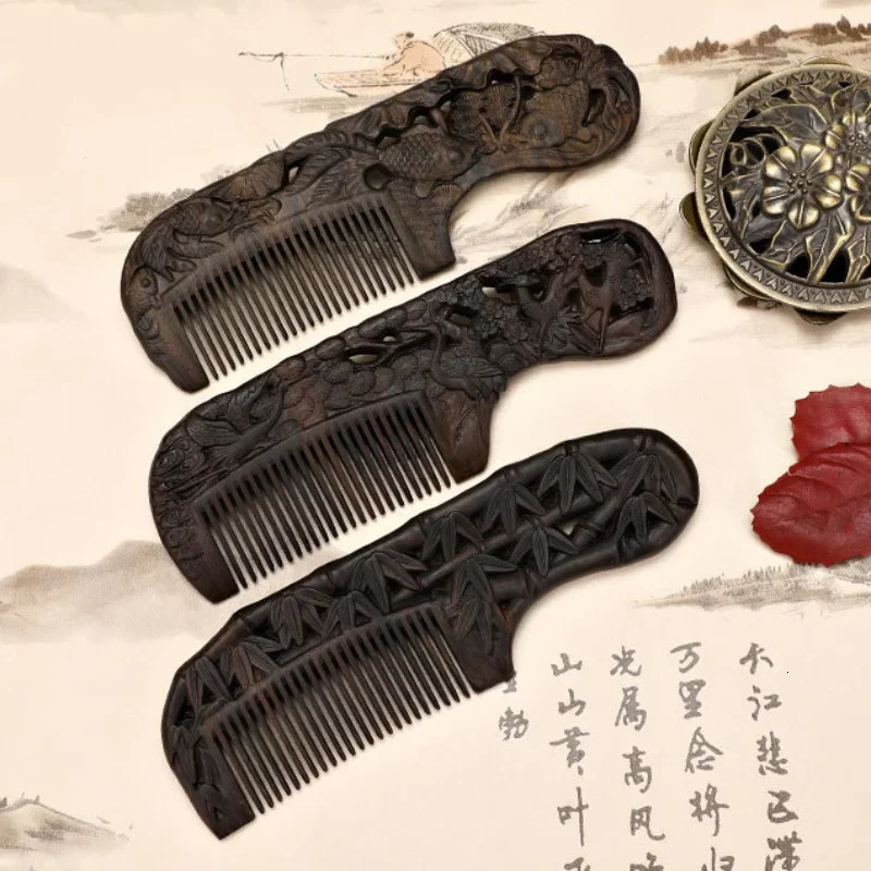Natural Black Sandalwood Comb Handmade Carving Anti-Static Fine Tooth Handle Wooden Massage Scalp Comb Hair Styling Womens Gift 250612