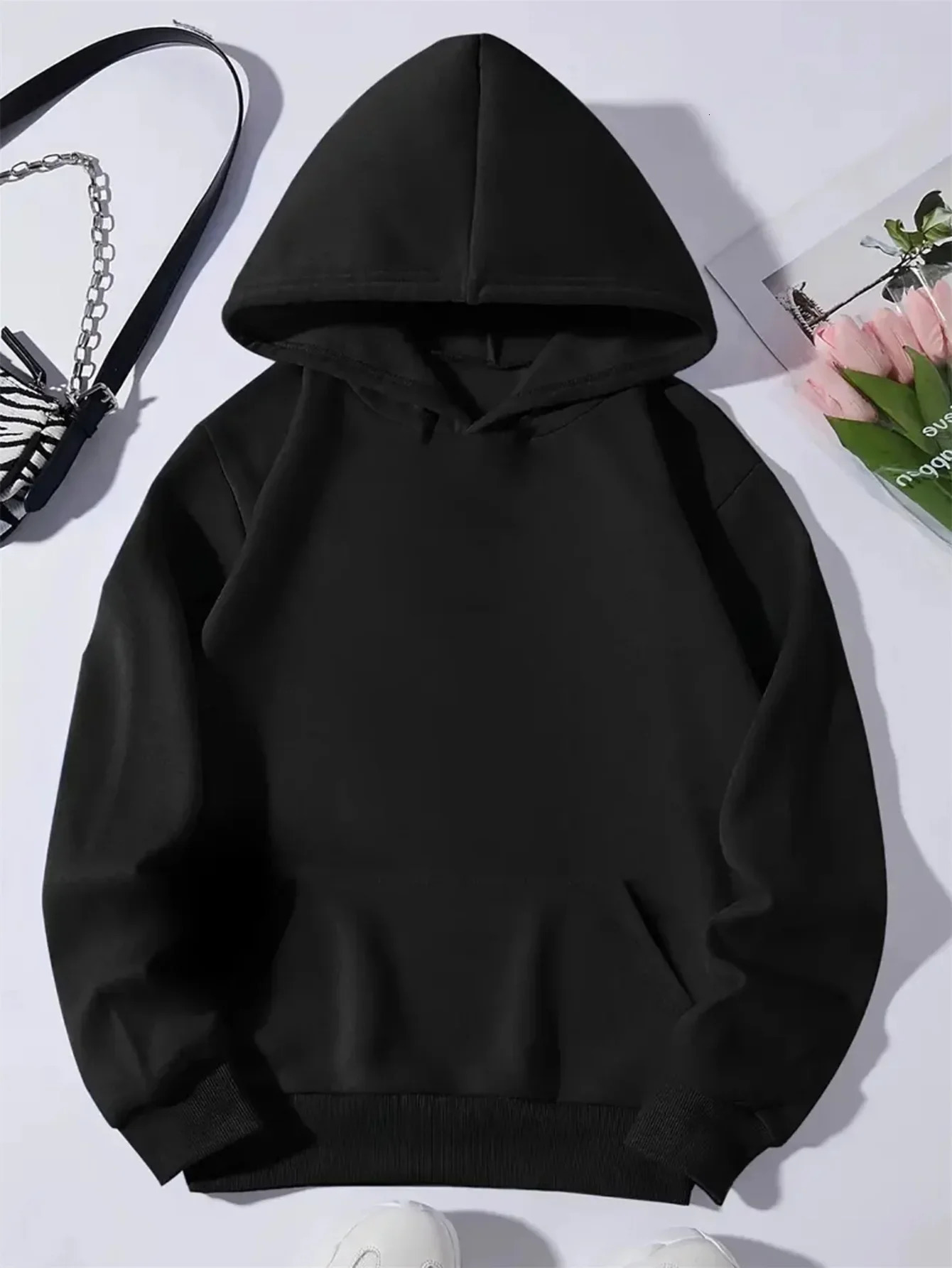 Labubu Cartoon Print Hoodie for Women Casual Polyester Pullover with Slight Stretch Alphabet Pattern Hooded Sweatshirt 250614