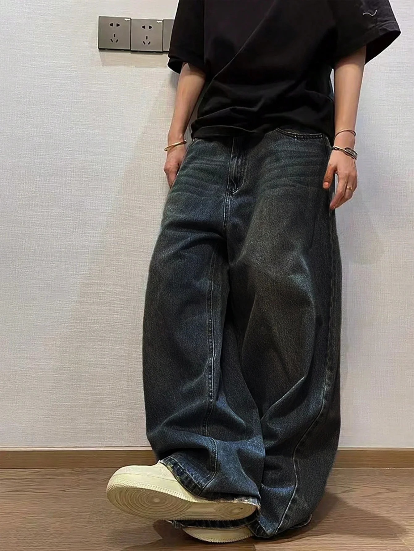 Pop 1Pc Mens Wide Pants Brushed Jeans Y2K Rocks Buggy Black HipHop Pants 250614
