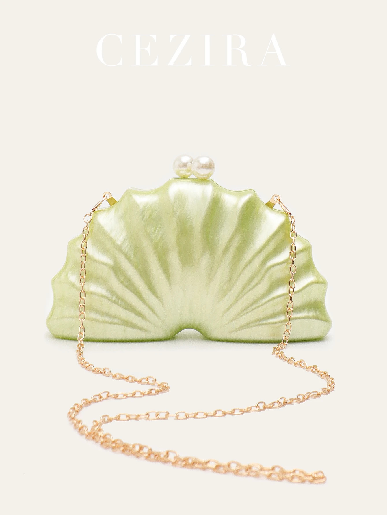 CR Womens Fashion Elegant Pearls Decoration Acrylic Shell Shaped Long Chain Fits Cellphone Box Hardcased Clutch Evening Bag 250614