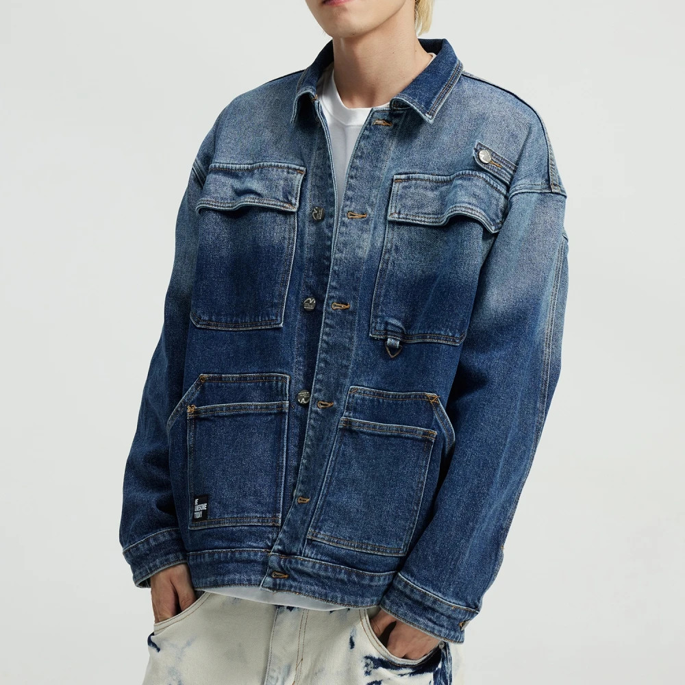 American Vintage Gradient Color Denim Jacket Mens Clothing High Quality Cargo Spring Autumn Streetwear Loose Coat Male 250614