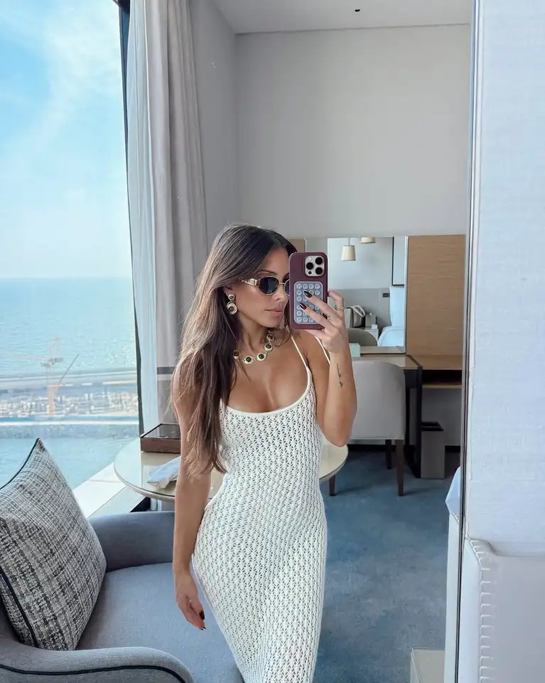 Elegant Backless Hollow Out Knit Long Dresses Summer Layered Ruffles Edge Bodycon Maxi Dress Vacation Beach Robes 250611