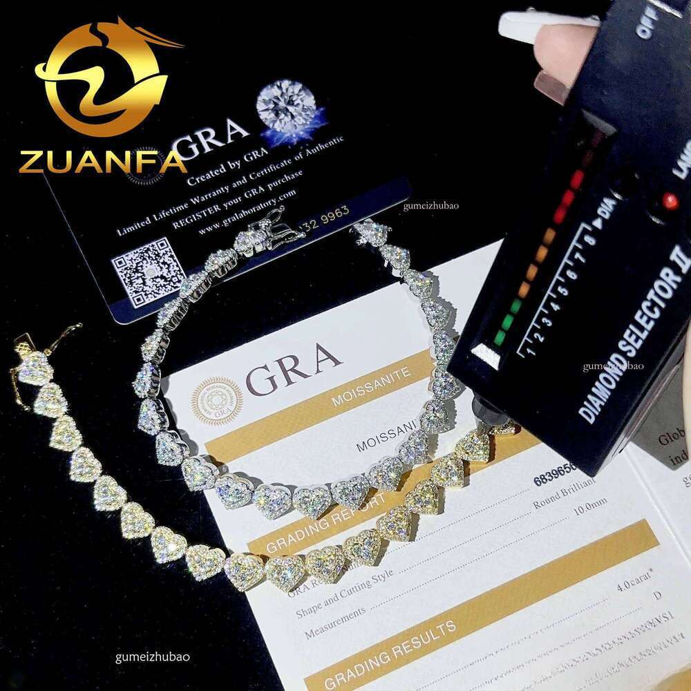Fine 8mm Heart Shape VVS Link Bracelet Sier Moissanite Hip Hop Jewelry Cuban chain for men women