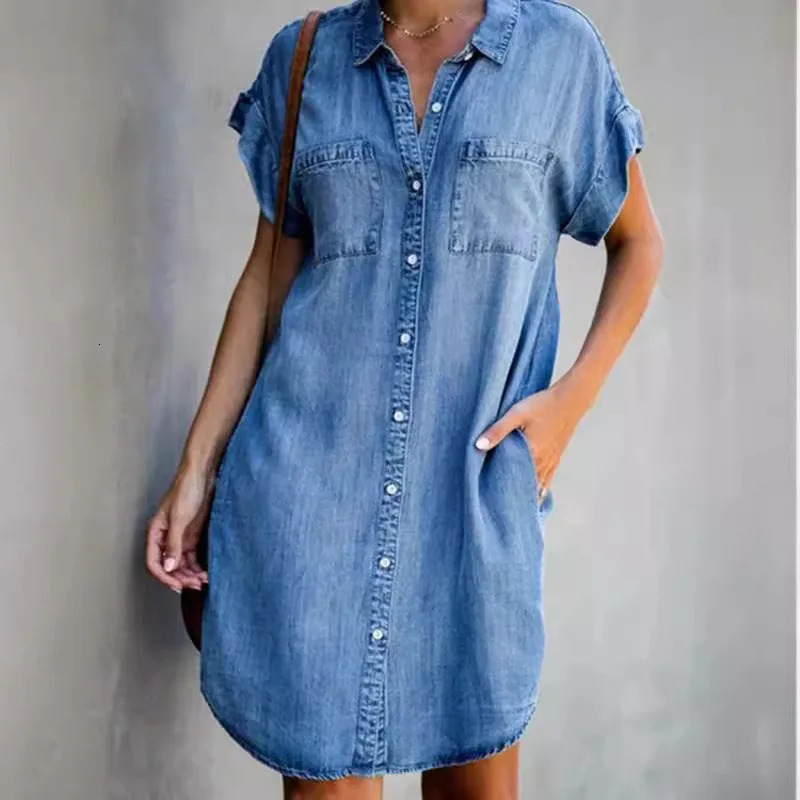Commute Single Breasted Denim Shirt Dress for Women Elegant Short-sleeved Slim-fit Denim Dress Harajuku Summer Lapel Party Dress 250609