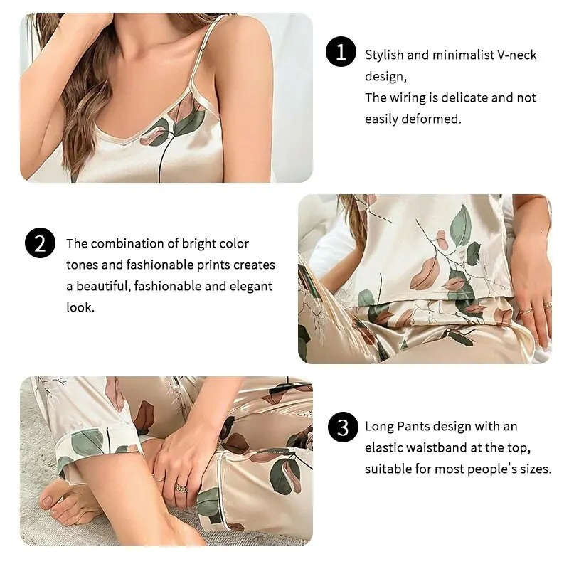 Womens Elegant Leaf Print Satin Pajama Set V Neck Cami Top and Elastic Pants for Comfortable Sleep Lounging Sleepwear 250611
