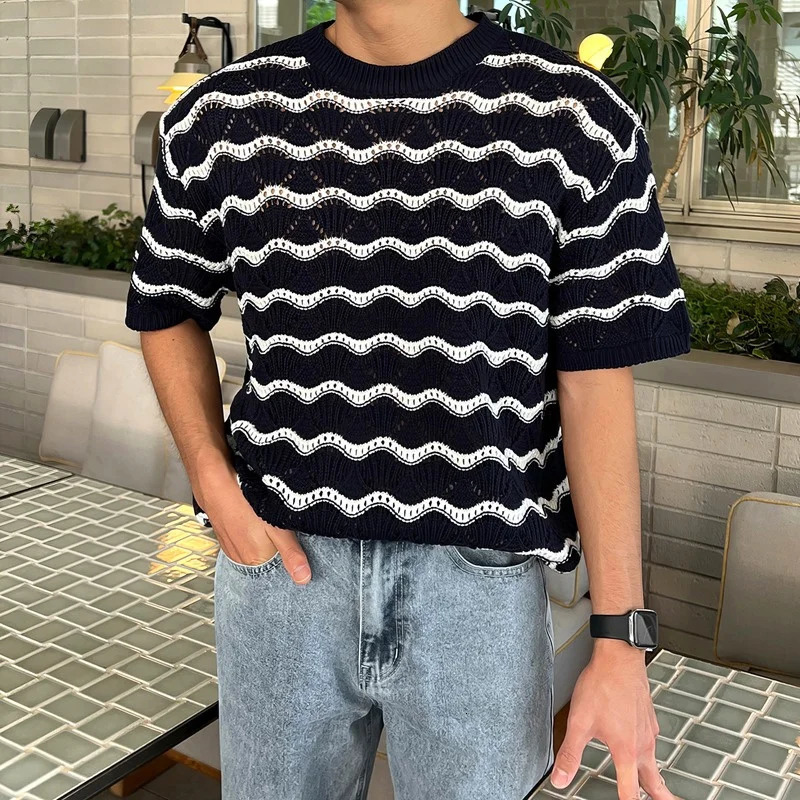 Summer Mens Knit Jacquard Short Sleeve T-shirts Striped Hollow Out Casual Tshirts Y2K Vintage Streetwear Tee Tops 250614