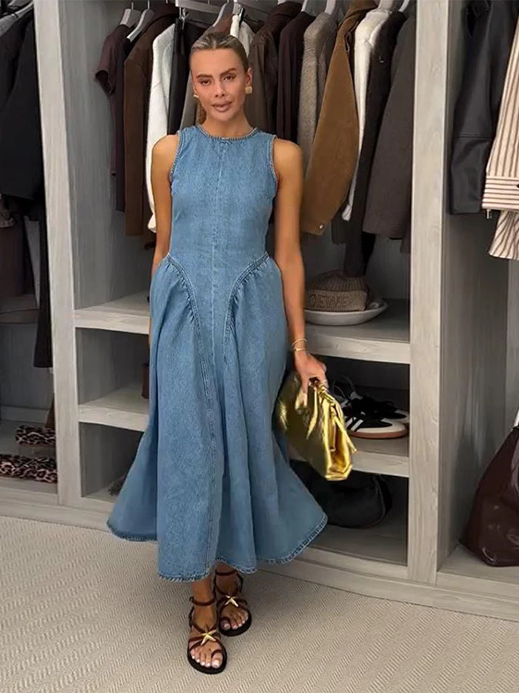 Chic Backless Pleated Female Denim Midi Dress Fashion Sleeveless Dresses for Women Summer Vintage High Waist Lady Long Vestidos 250613