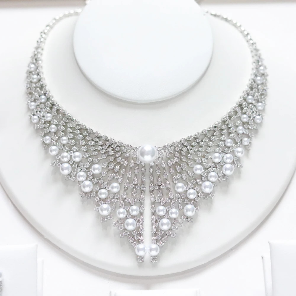 Pearl Jewelry Set With Cubic Zirconia for Women NecklaceElegance Saudi Arabic Dubai Bridal Party Wedding Accessories 250609