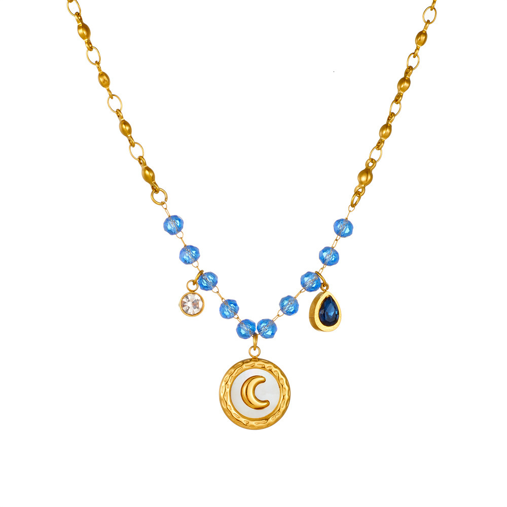 Fashion Light Personality Encrusted Geometric Mother-of-Pearl Moon Bead for Women Titanium Steel Necklace